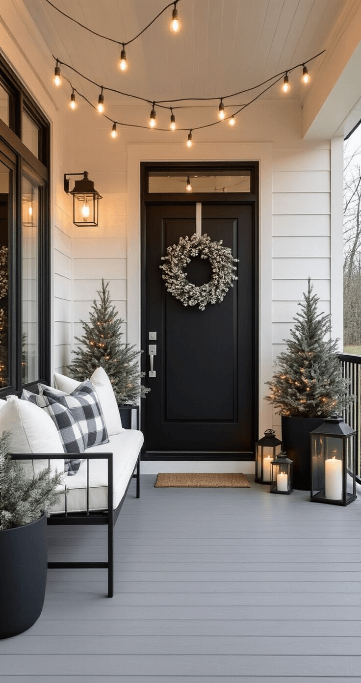 Christmas Porch Decor: Creating a Festive Welcome A modern farmhouse porch at dusk with string lights overhead, featuring a sleek black door decorated with a minimalist eucalyptus wreath, matte black planters with small flocked trees, a modern metal bench with white cushions and plaid throw pillows, and clustered lanterns with flameless candles, set on light gray wood planks partially covered by a geometric patterned rug.