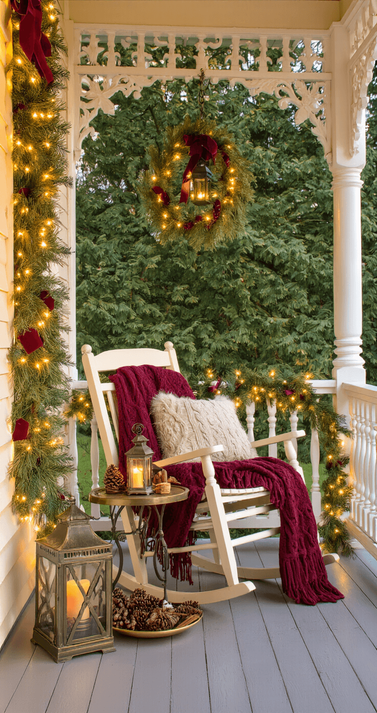 Christmas Porch Decor: Creating a Festive Welcome An intimate Victorian-style porch corner at golden hour, featuring ornate railings adorned with garlands and lights. A vintage cream rocking chair is draped with a red throw and faux fur pillow, next to a brass side table holding a hurricane lamp. An ornate lantern filled with seasonal decor sits on the floor, and mistletoe hangs from the ceiling, all bathed in warm sunset light.