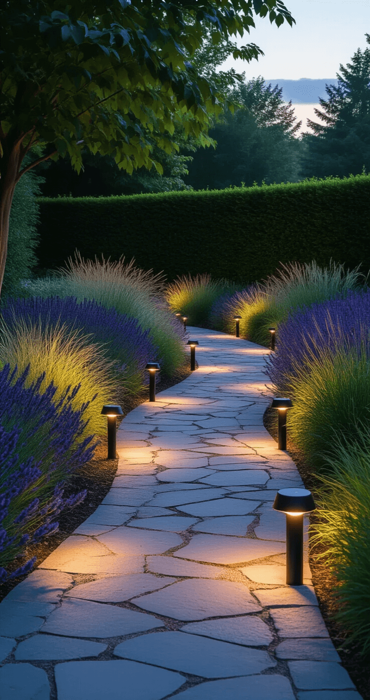 A winding garden pathway illuminated by solar stake lights, showcasing ornamental grasses and lavender, captured at dusk with a warm glow against a deep indigo sky.