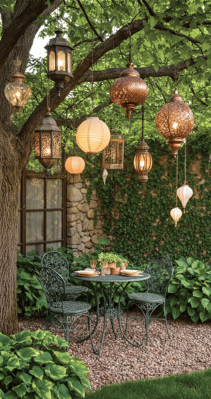 An enchanting garden corner with hanging lanterns from an oak tree, a mossy green bistro set, astilbe and coral bells, and a warm, festive atmosphere during golden hour.