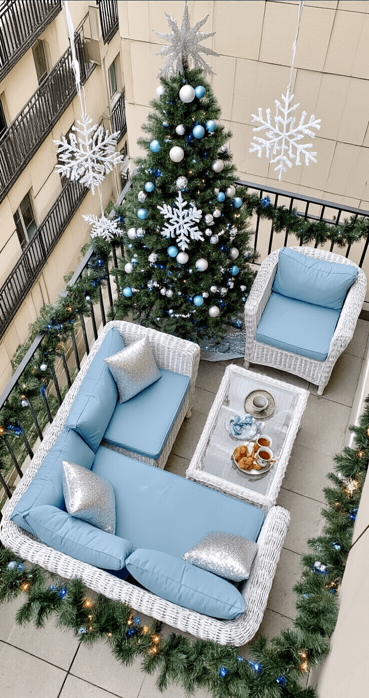 Christmas Porch Decor: Creating a Festive Welcome A bird's-eye view of a compact city apartment balcony transformed into a winter wonderland, featuring a small decorated Christmas tree, a white wicker loveseat with sky blue cushions and silver pillows, a clear acrylic coffee table with mugs and cookies, oversized snowflake ornaments, and twinkling icicle lights, all under cool-toned lighting with warm accents from the interior.