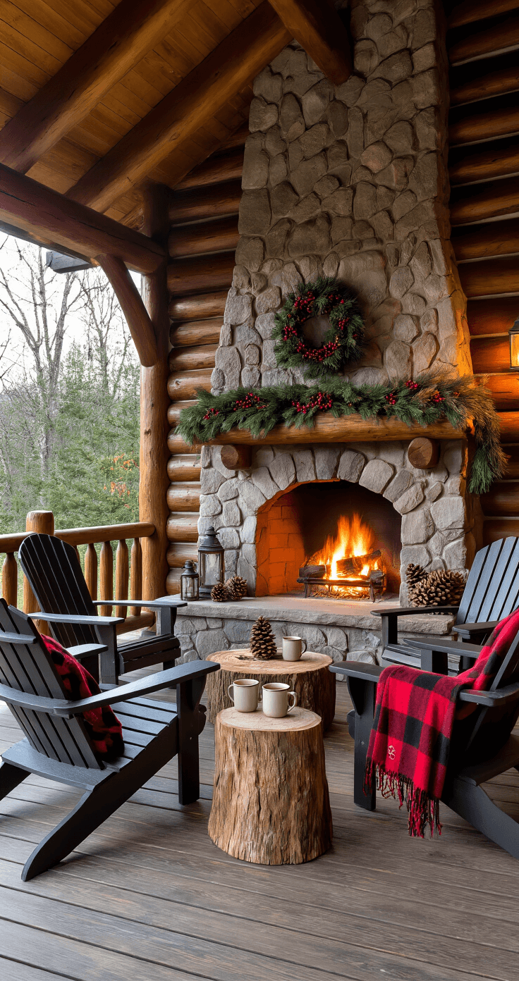 Christmas Porch Decor: Creating a Festive Welcome A cozy log cabin porch in the evening, featuring a massive stone fireplace with a crackling fire, flanked by two Adirondack chairs draped in red plaid blankets, a rough-cut tree stump side table with steaming mugs of cocoa, and decorated with pine garlands and warm white lights, all under a light dusting of artificial snow.