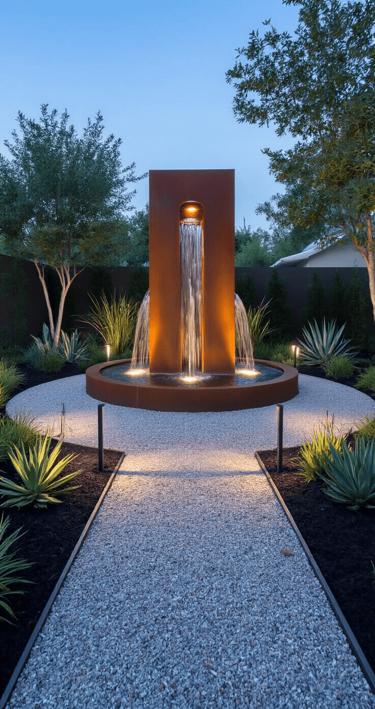 A contemporary corten steel water fountain illuminated by powerful LED spotlights in a dramatic gravel garden, surrounded by ornamental grasses and agaves, captured at blue hour with striking shadows and vibrant textures.
