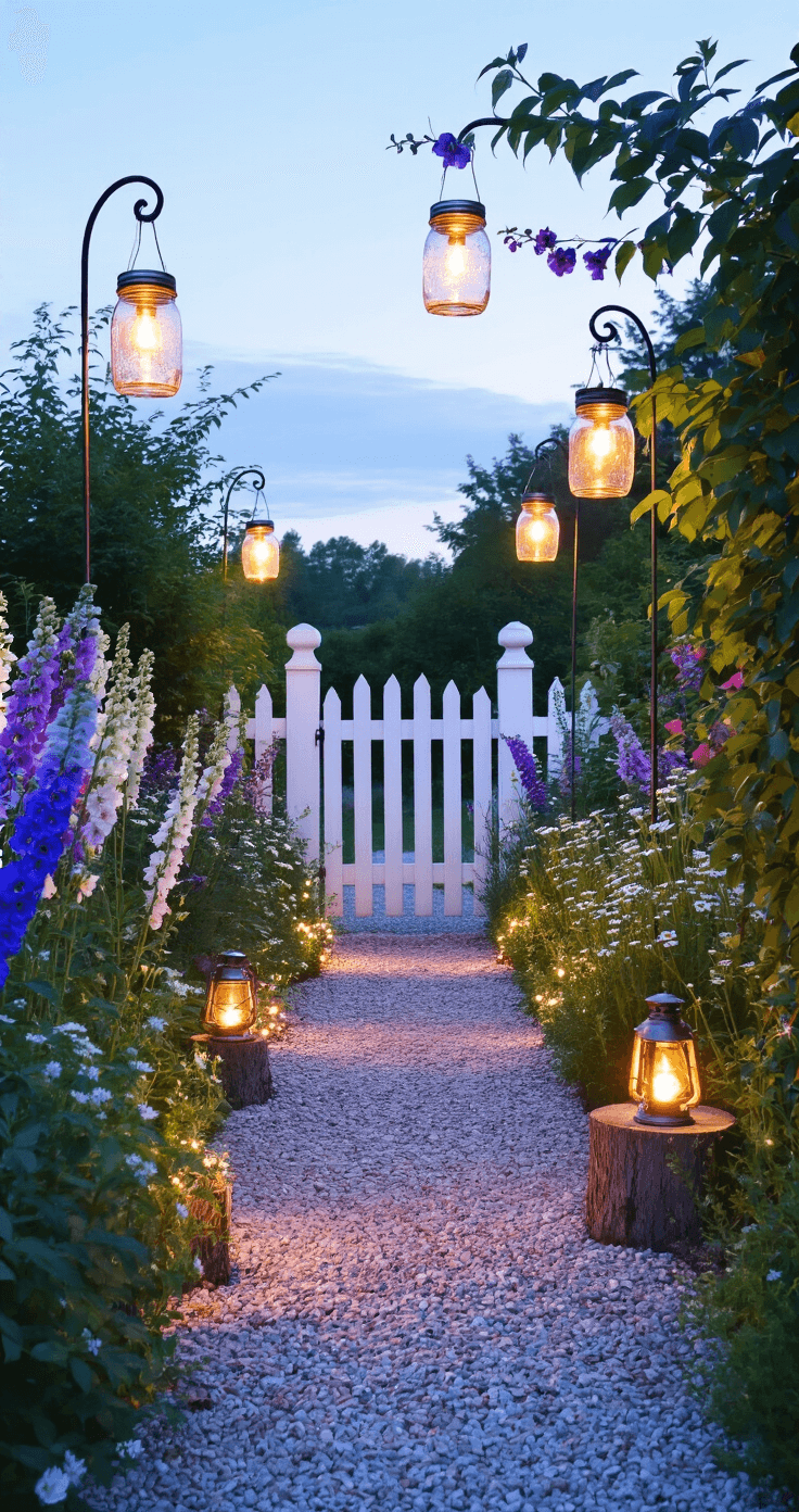 A charming cottage garden entrance at dusk, featuring mason jar solar lights on shepherd's hooks, battery-operated fairy lights in climbing roses, and repurposed vintage lanterns on tree stumps, creating a magical atmosphere with accessible DIY lighting solutions.