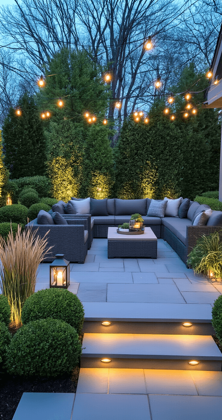 A sophisticated garden terrace featuring a bluestone patio with outdoor furniture, surrounded by structured plantings and illuminated by string lights, recessed deck lights, and pathway lighting, all showcasing expertly designed layered lighting during the blue hour.
