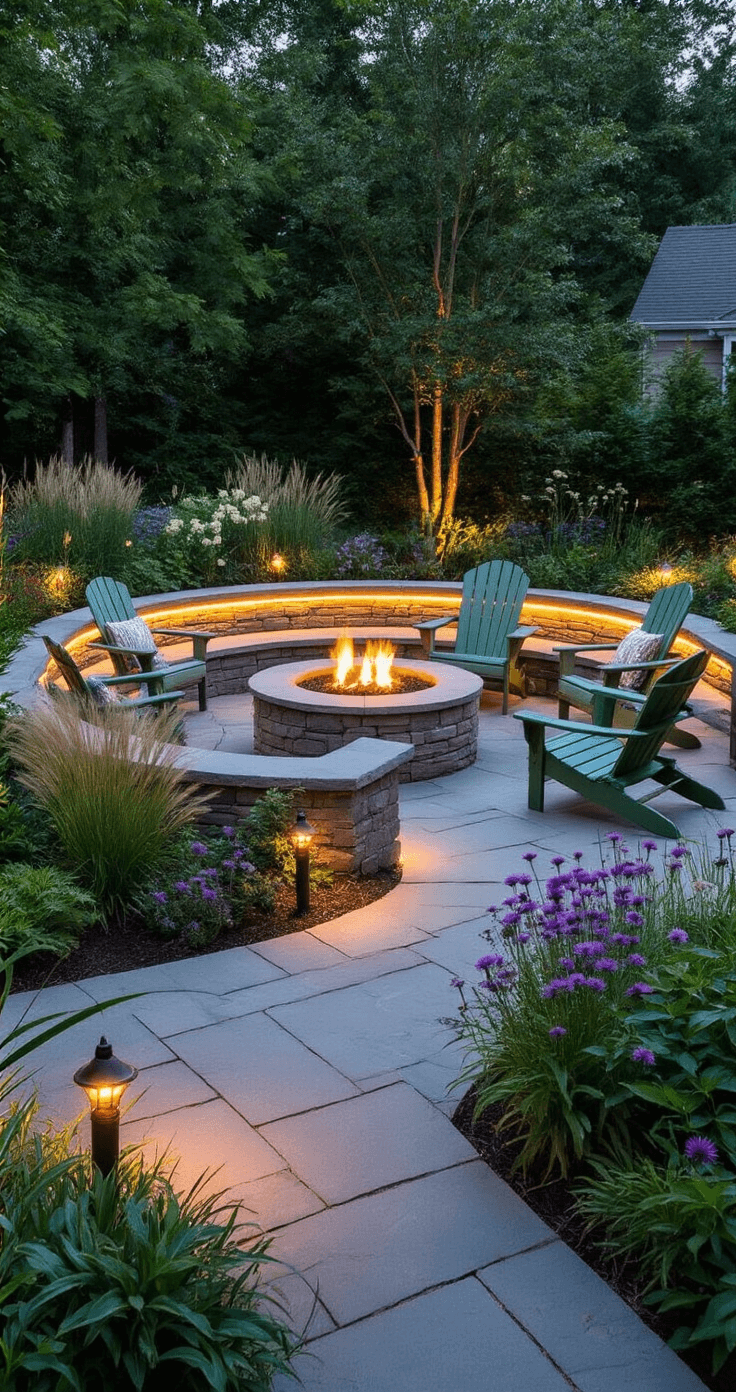 An inviting garden sanctuary at twilight featuring an L-shaped seating area with a curved stone wall and LED strip lighting, a fire pit surrounded by sage green Adirondack chairs, and illuminated perennial borders with ornamental grasses and purple asters, all enhanced by brushed bronze path lighting.