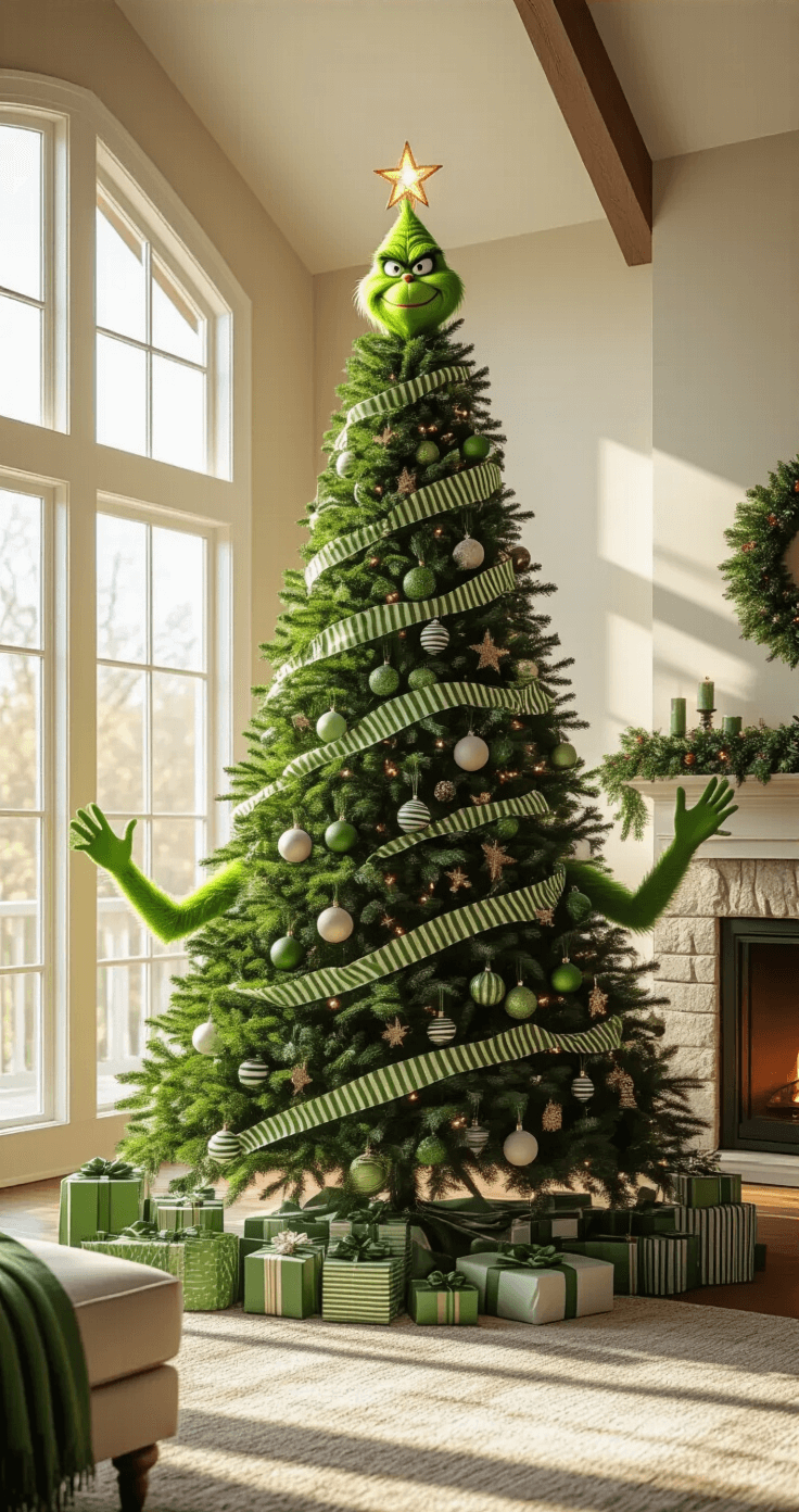 The Grinch Christmas Tree: A Whimsical Holiday Masterpiece A spacious living room with vaulted ceilings features a 9-foot slim pencil Christmas tree decorated with green baubles, striped ornaments, and a cheeky Grinch head on top, illuminated by warm sunlight streaming through large windows. Grinch arms peek out from the tree, amidst bold patterned ribbons and glowing LED lights, creating an enchanting festive atmosphere.