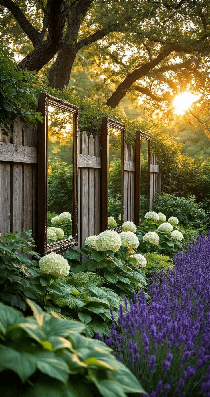 A photorealistic garden during golden hour, featuring weatherproof acrylic mirrors on a rustic wooden fence, reflecting blooming white hydrangeas and purple lavender. Layered plantings of hostas and ferns surround weathered cedar posts, with soft backlighting highlighting dappled shadows on moss-covered pathways.