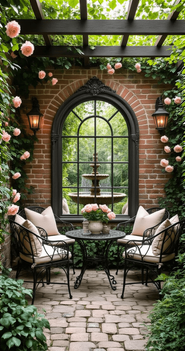 Intimate garden corner with a large arched window mirror against aged brick walls, featuring wrought iron bistro furniture, climbing roses, and a bubbling stone fountain, all bathed in bright mid-morning light.