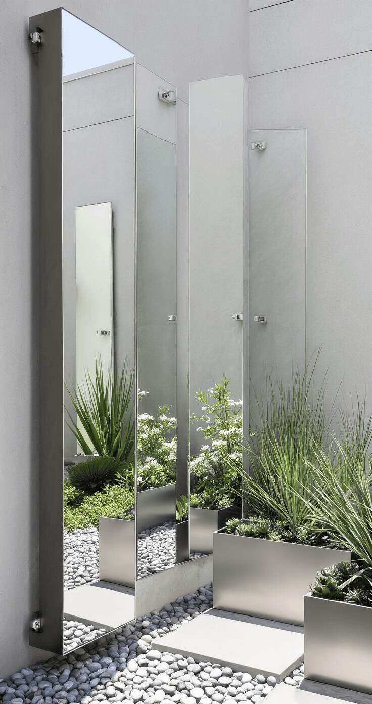A small contemporary urban garden featuring frameless mirrors enhancing space perception, with a minimalist design in whites, grays, and charcoals. Sculptural succulents in metallic planters and ornamental grasses are reflected in the mirrors, with polished river rocks as ground cover. The scene is captured in bright afternoon light from a low wide-angle perspective.