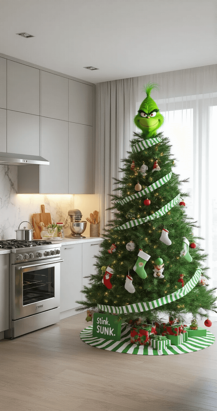 The Grinch Christmas Tree: A Whimsical Holiday Masterpiece A modern kitchen and dining area featuring a 7-foot Grinch-themed Christmas tree adorned with kitchen-themed ornaments and mini stockings, reflecting in a stainless steel fridge door.