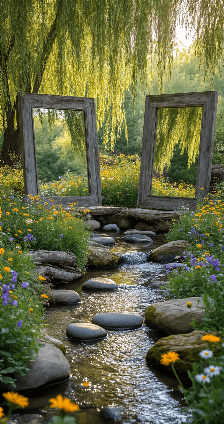 A rustic garden scene featuring reclaimed wooden-framed mirrors near a meandering creek, reflected in the water's surface under soft morning light. The area is adorned with smooth river stones, purple, yellow, and white wildflowers, and shaded by mature weeping willows, with moss-covered boulders and fallen logs providing natural seating.