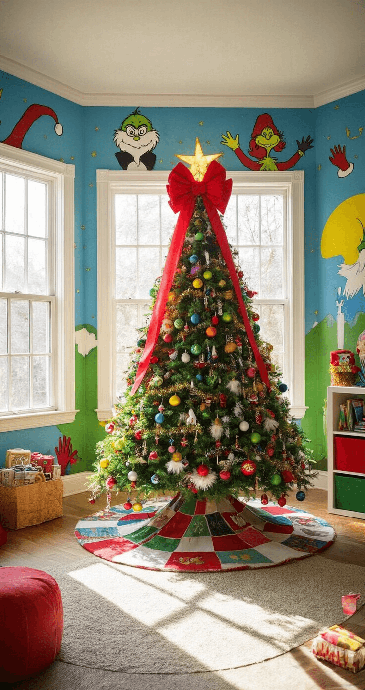 The Grinch Christmas Tree: A Whimsical Holiday Masterpiece A whimsical children's playroom featuring colorful murals, a reading teepee, and a vibrant Whoville-inspired Christmas tree adorned with rainbow ornaments, Grinch faces, and a patchwork tree skirt, illuminated by midday sunlight through bay windows.