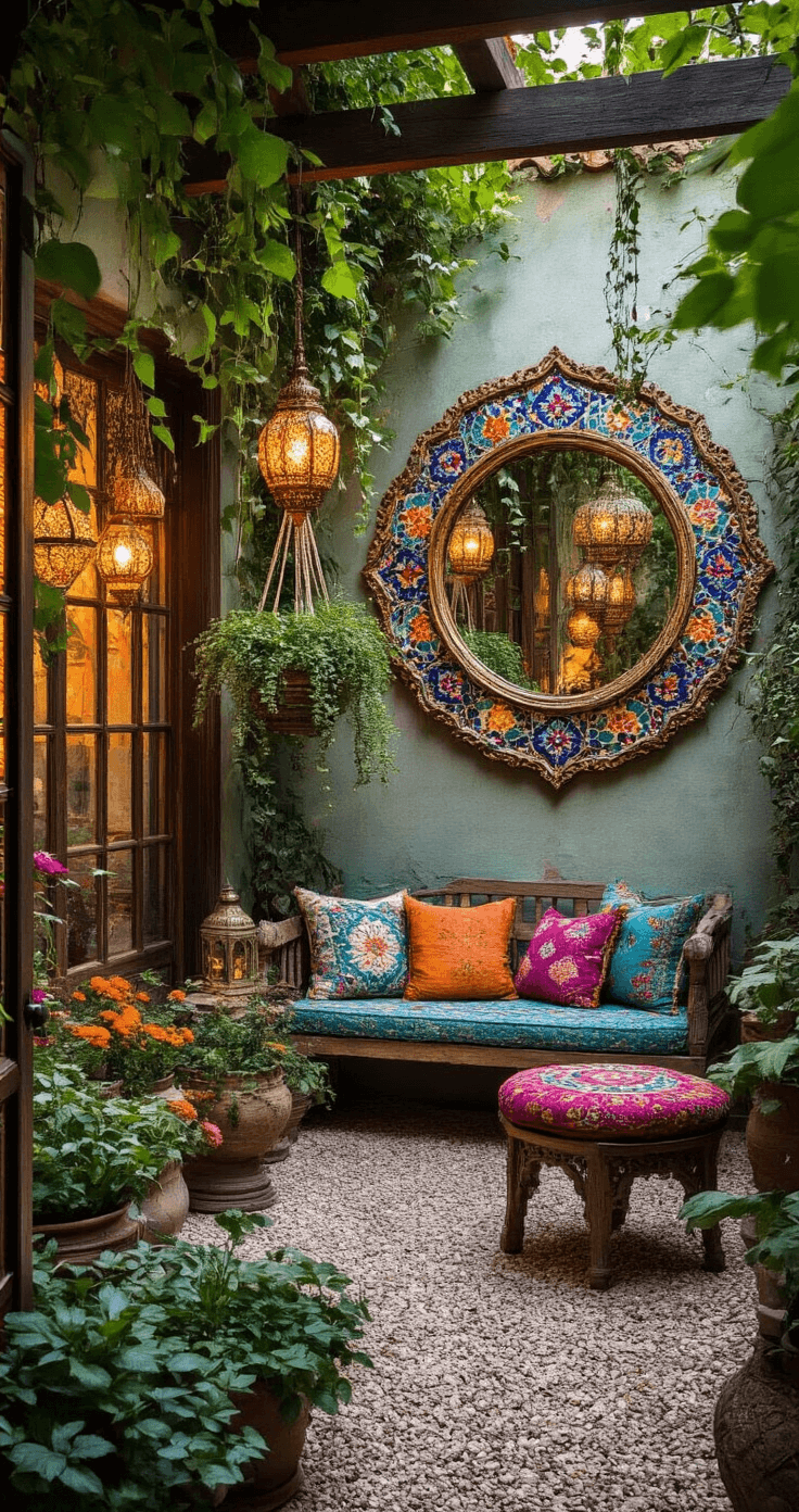 A bohemian garden corner featuring ornate mosaic mirrors and eclectic jewel-toned decor, captured in warm evening light with textured elements, rustic furniture, and vibrant flora.