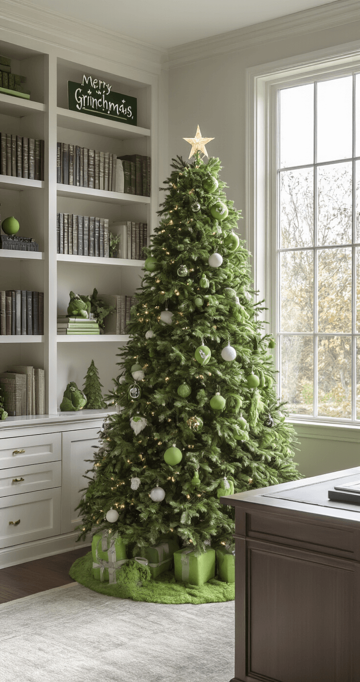 The Grinch Christmas Tree: A Whimsical Holiday Masterpiece A sophisticated home office featuring built-in bookshelves and a large desk by the window, illuminated by soft afternoon light. In the corner stands a 6-foot slim artificial tree decorated in a minimalist Grinch theme, with monochromatic green ornaments and a 'Merry Grinchmas' sign on top, all aglow with warm white LED lights.