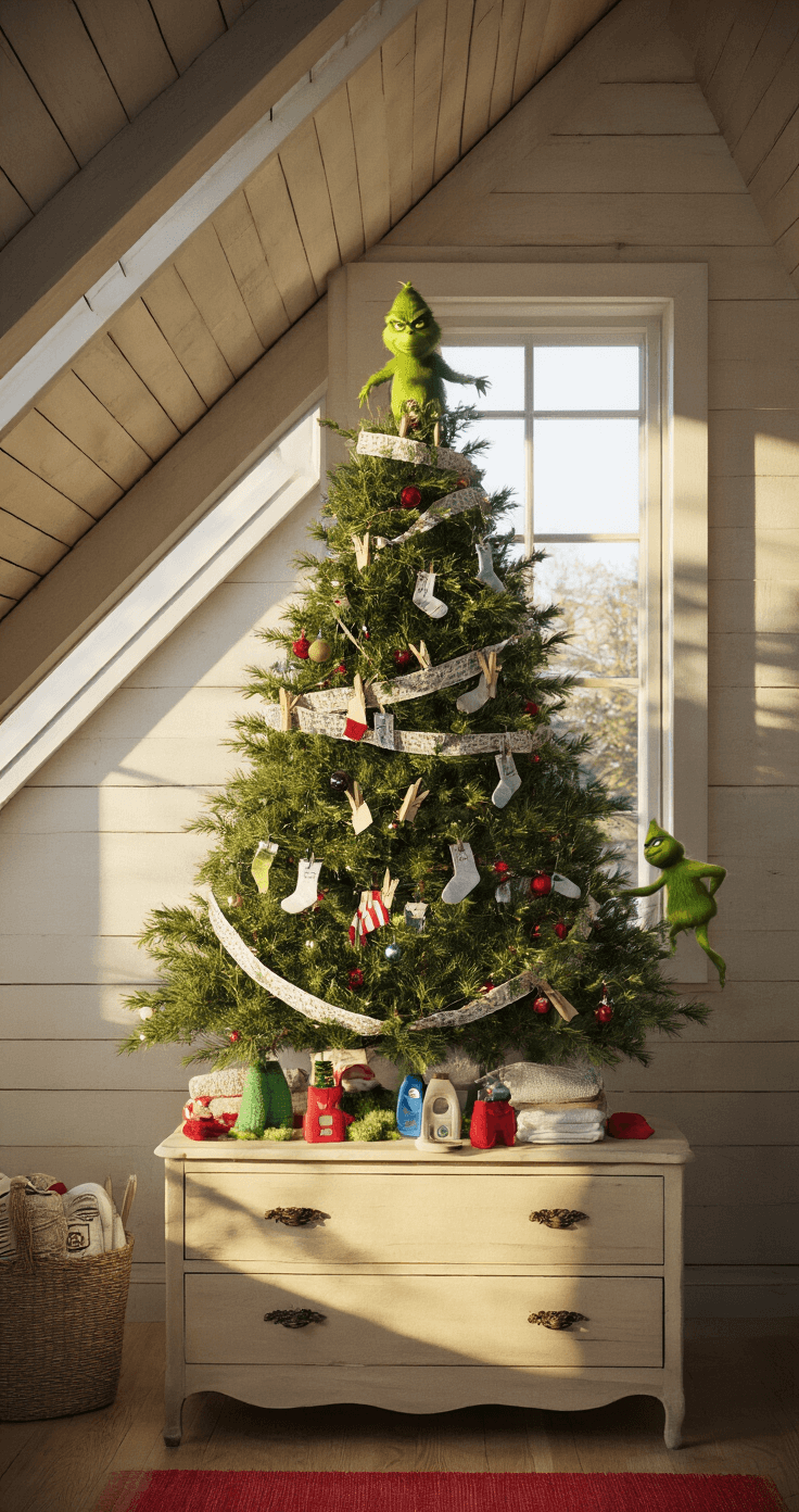 The Grinch Christmas Tree: A Whimsical Holiday Masterpiece A cozy guest bedroom featuring a sloped ceiling and dormer window, illuminated by golden hour light. A whimsical 4-foot Christmas tree on a vintage dresser showcases laundry-themed ornaments, including miniature clothespins, tiny socks, and Grinch-green baubles, with a small Grinch figurine climbing the tree. Strips of ribbon mimic clotheslines, and the tree is topped with a miniature clothesline adorned with Grinch-themed underwear. The scene is captured in soft focus from the doorway, highlighting the playful holiday decor.