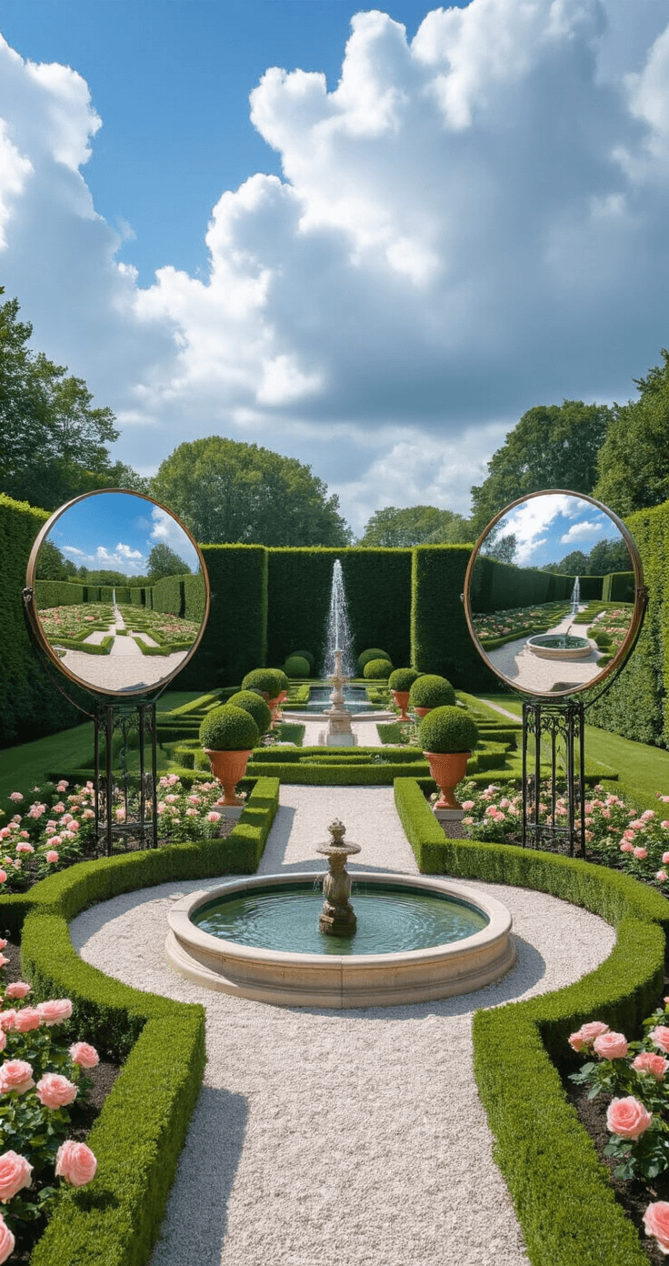 A formal garden featuring convex mirrors for panoramic reflections, showcasing symmetrical boxwood hedges, white gravel pathways, and topiary in terracotta urns, with a central limestone fountain and rose beds, captured from an elevated perspective in bright midday light.
