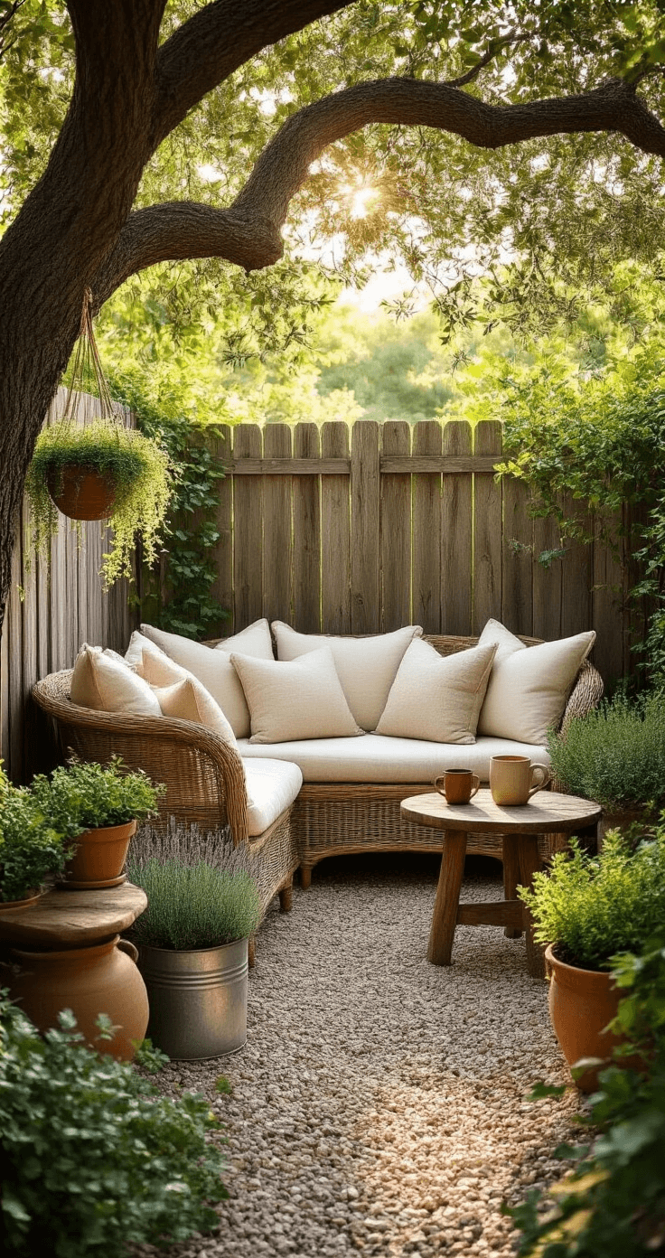 Cozy garden nook in lush backyard during golden hour, featuring a wicker loveseat with cream cushions, weathered fence, rustic side table, and layered potted plants, all bathed in dappled sunlight from an oak tree above.