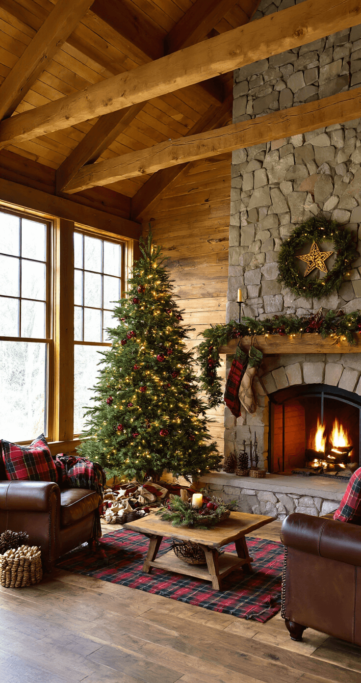 Traditional Christmas Tree Magic: A Festive Decorating Adventure A cozy rustic great room featuring an 18x18ft space with exposed wooden beams and a stone fireplace, illuminated by soft natural light and the warm glow of a fireplace. A 7ft natural pine tree, adorned with deep red, forest green, and burnished gold ornaments, stands beside the fireplace, decorated with warm yellow lights and popcorn-cranberry garlands. A plaid tree skirt complements nearby leather armchair throw pillows, while pine cones and cinnamon stick bundles add festive accents.
