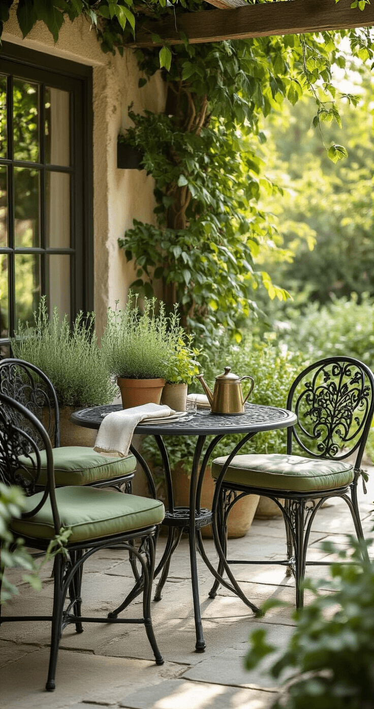 Elegant outdoor bistro setting with a wrought iron table for two on a flagstone patio, featuring sage green cushions, a potted herb garden, and a climbing jasmine vine, captured in soft morning light with a vintage brass watering can and linen napkins.