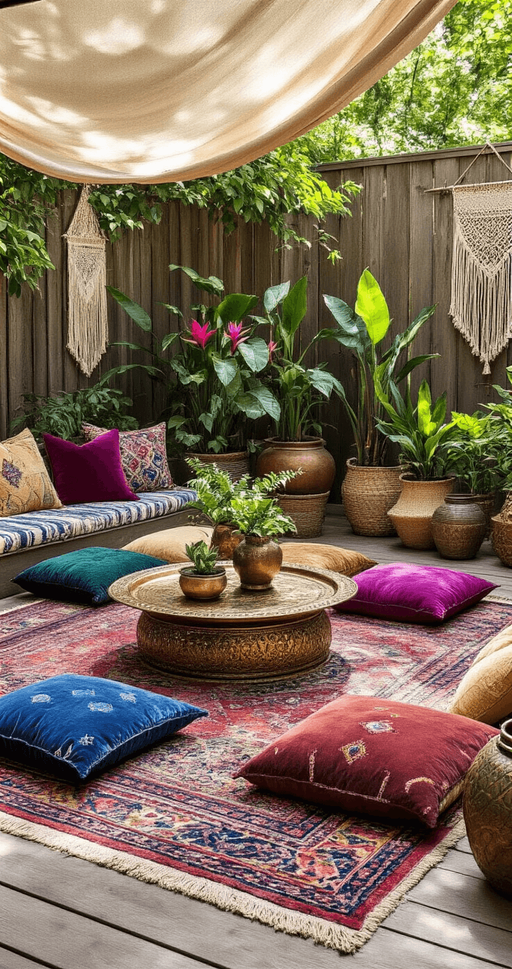 A bohemian-inspired garden retreat with jewel-toned Moroccan-style floor cushions arranged around an ornate brass tray table, set on layered vintage Persian rugs on a wooden deck. Surrounded by an eclectic mix of potted plants and a macramé wall hanging backdrop, the scene is captured from above in filtered natural lighting, showcasing a rich tapestry of textures and global travel aesthetics.