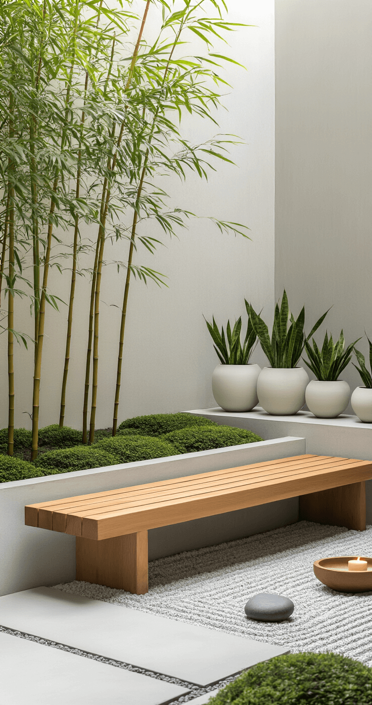 A serene minimalist zen garden corner in soft morning light, featuring a sleek teak bench on a smooth concrete platform, a bamboo grove, white ceramic planters with snake plants, and a small Japanese maple in a concrete vessel, surrounded by raked gravel and river stones, with a floating candle in a wooden bowl, emphasizing tranquility and intentional simplicity.