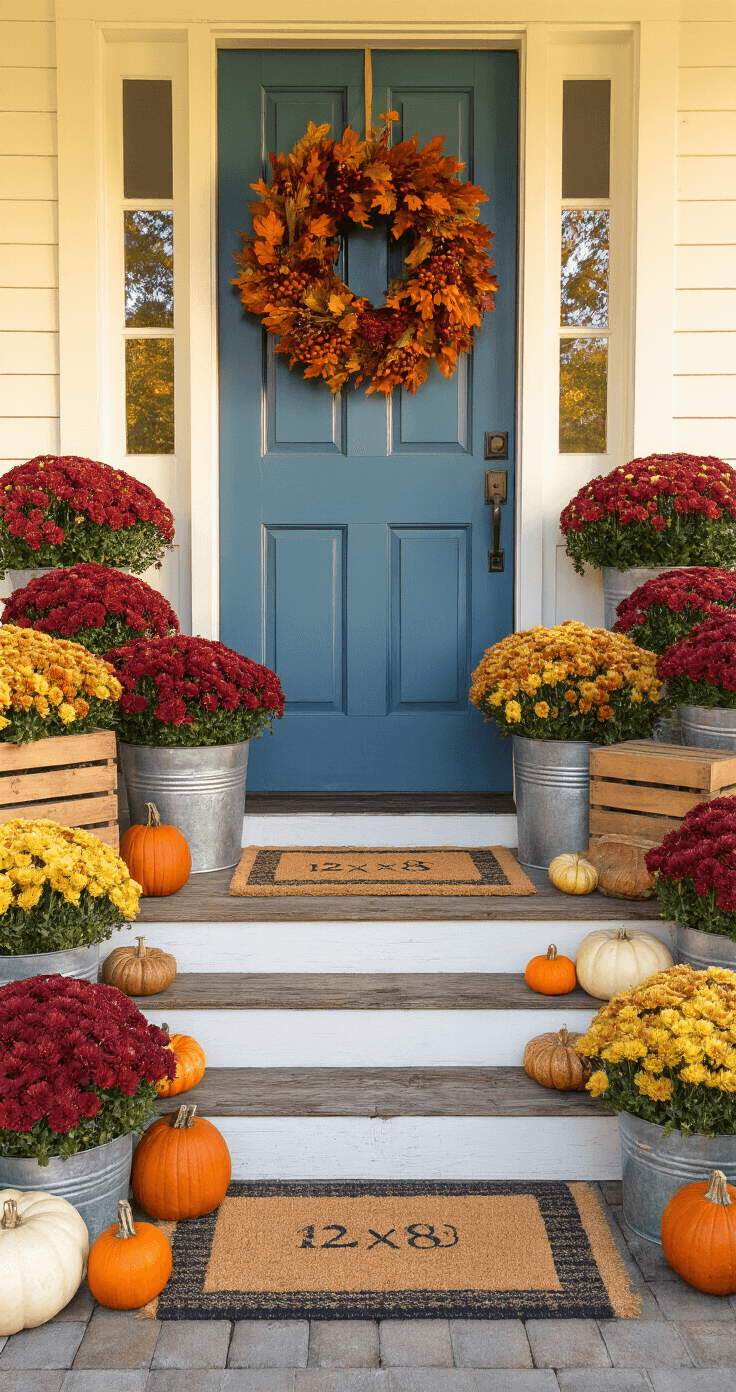 Fall Front Porch Decor: Creating a Cozy Autumn Welcome A cozy farmhouse porch at golden hour, featuring a vintage blue door with a colorful wreath, layered doormats, vibrant chrysanthemums in metal buckets, an arrangement of pumpkins, and a rocking chair with a knit throw, all illuminated by soft, warm lantern light.