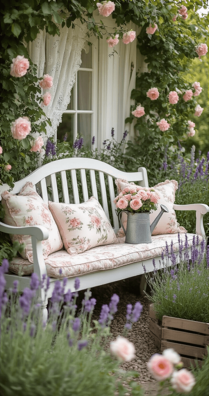 A charming cottagecore garden nook featuring a vintage white wooden bench adorned with faded floral cushions, surrounded by abundant romantic plantings including climbing roses, lavender, and delphiniums, with a weathered watering can filled with garden roses, all captured in soft overcast light for a nostalgic atmosphere.
