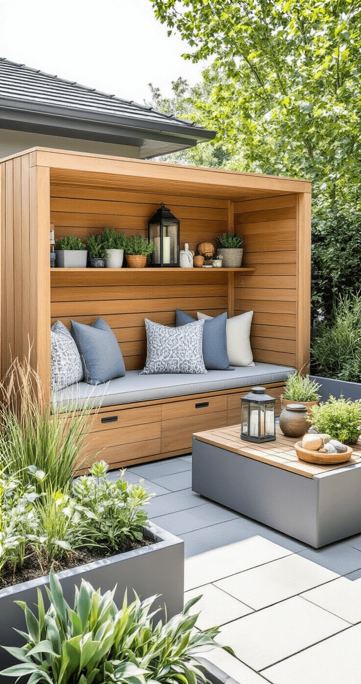 Practical outdoor storage nook featuring a large teak storage box with cushions, organized interior showcasing outdoor accessories, surrounded by low-maintenance plants in rectangular planters, modern clean aesthetic with natural wood and stone gray accents.