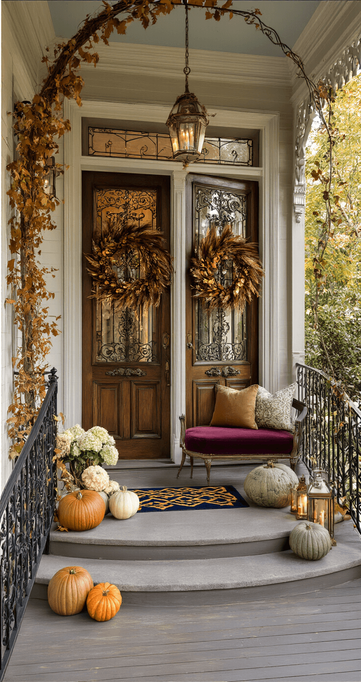 Fall Front Porch Decor: Creating a Cozy Autumn Welcome A grand Victorian-era covered porch adorned with exquisite fall decor, featuring wrought iron railings, an elaborate wreath on double doors, heirloom pumpkins, and cozy autumn-themed furnishings, captured in warm late afternoon light.