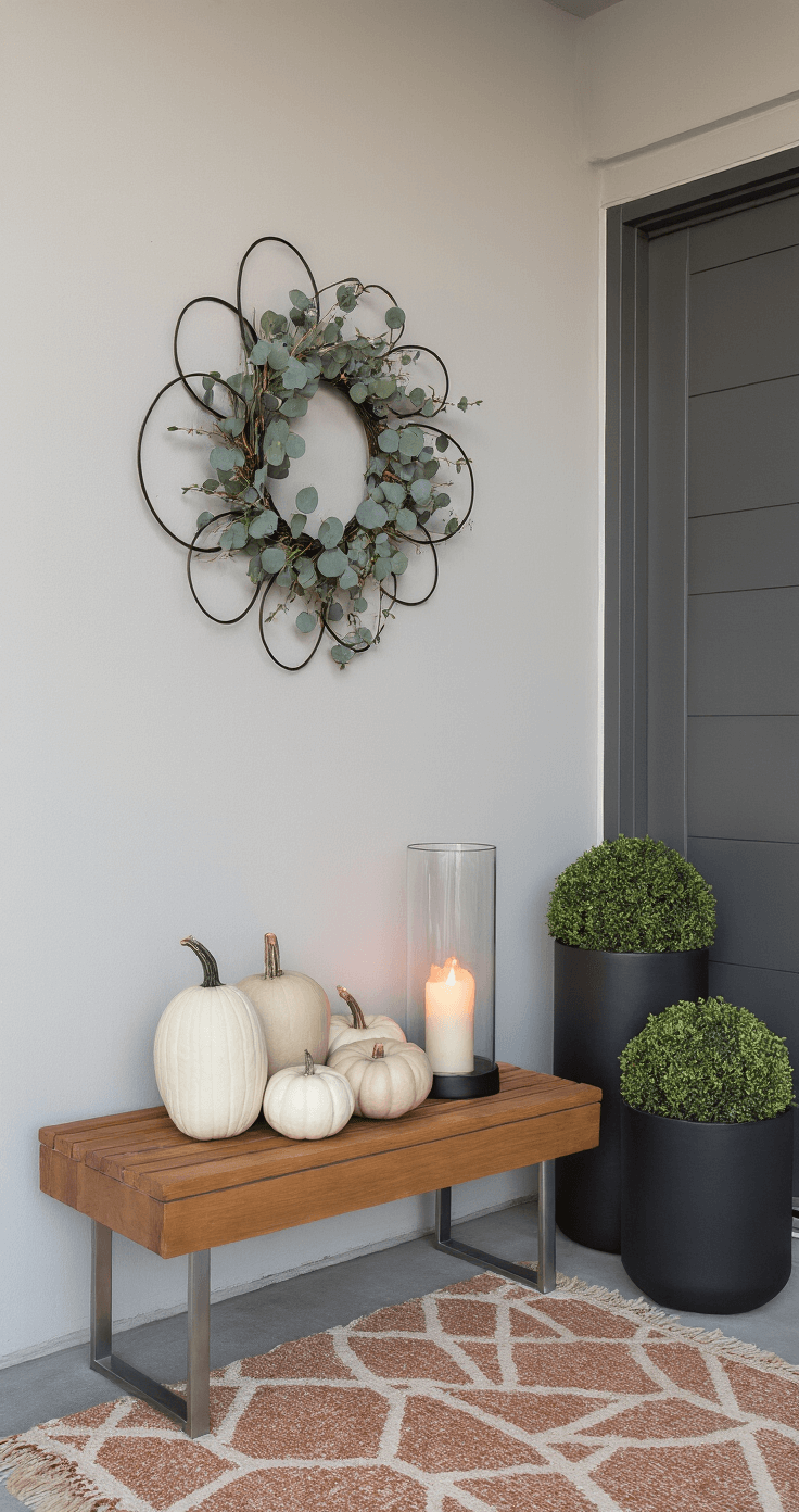 Fall Front Porch Decor: Creating a Cozy Autumn Welcome A modern minimalist front entry featuring a sleek charcoal gray door, an asymmetrical metal wreath, a teak bench with white pumpkins, a glass hurricane lamp with a candle, a geometric outdoor rug, and matte black planters, all illuminated at dusk.