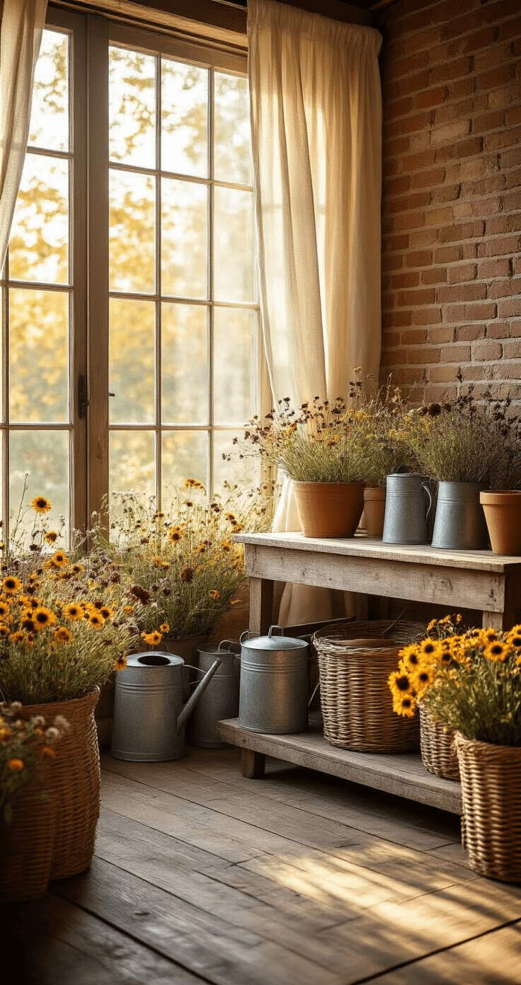 Photorealistic image of a rustic sunroom at golden hour, featuring reclaimed wood floors, a vintage potting bench with seed packets and pots, woven baskets with dried wildflowers, and soft linen curtains fluttering in warm light.