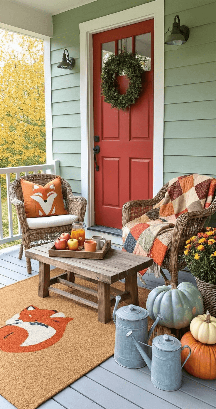 Fall Front Porch Decor: Creating a Cozy Autumn Welcome A cozy cottage porch on a misty autumn morning, featuring weathered sage green shiplap siding, a cheerful red door, a whimsical fox doormat, wicker chairs with ochre cushions, a rustic side table with apple cider, a patchwork quilt, stacked heirloom pumpkins, vintage watering cans with flowers, a handmade 'Hello Fall' sign, and baskets of apples and pears, captured from a high angle with soft, diffused lighting.