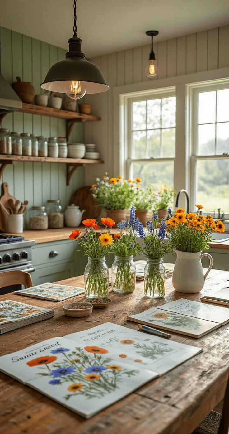Wide-angle view of a farmhouse kitchen bathed in morning light, featuring a large pine dining table with wildflower garden planning materials, vintage glass jars of colorful seeds, and fresh arrangements, all set against sage green shiplap walls and butcher block counters.