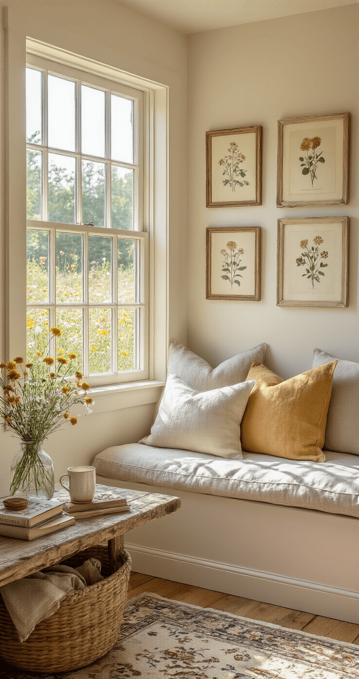 Cozy reading nook in soft afternoon light with a window seat, vintage botanical prints on cream walls, a rustic side table with gardening books and a mug, and a vintage Persian rug on hardwood floors, all creating an intimate atmosphere for botanical study.