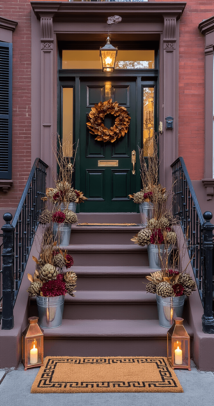 Fall Front Porch Decor: Creating a Cozy Autumn Welcome An upscale brownstone stoop at twilight, featuring a deep green wooden door, elegant fall wreath, galvanized metal buckets with floral arrangements, a Greek key patterned doormat, glowing copper lanterns, mercury glass pumpkins, and a houndstooth throw, captured from street level to highlight its verticality.