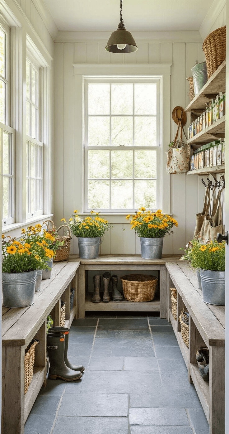 A bright and spacious mudroom designed for gardeners, featuring built-in storage cubbies filled with wildflower supplies, weathered wood benches with galvanized buckets and tools, open shelving for organized seed packets, fresh wildflower bouquets in mason jars, and natural light flooding through multipane windows, all against white beadboard wainscoting and gray walls.