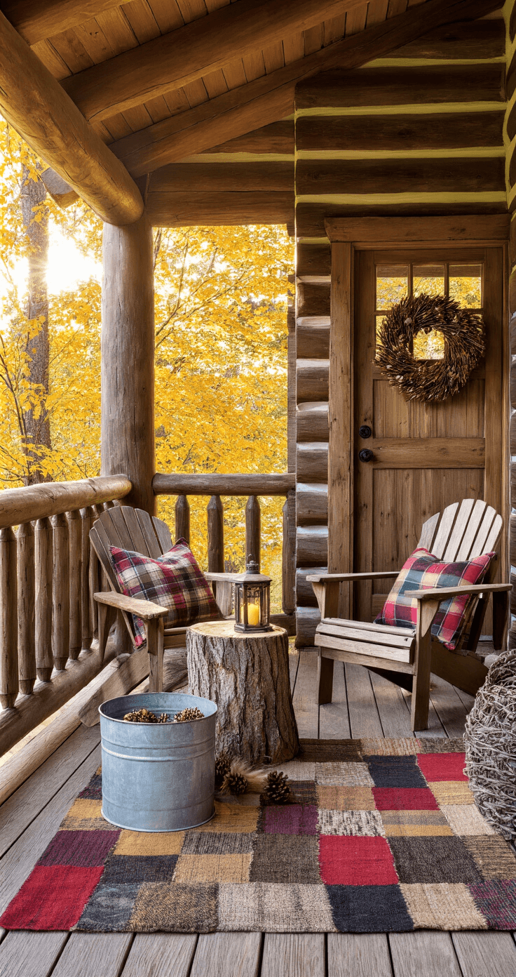 Fall Front Porch Decor: Creating a Cozy Autumn Welcome A rustic log cabin porch adorned with autumn leaves, featuring a knotty pine door with a grapevine wreath. Vintage wool blankets serve as a mat, while reclaimed barn wood Adirondack chairs hold plaid pillows. A tree trunk side table displays a lantern with acorns, and galvanized steel tubs brim with mums. Bundles of corn stalks decorate the corners, and a 'Welcome to our cabin' sign hangs from jute rope, all bathed in warm afternoon light.