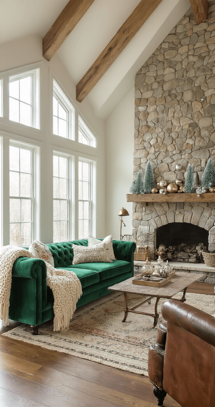 Vintage Christmas Decor: Nostalgic Magic for Your Holiday Home A cozy living room featuring vaulted ceilings and wooden beams, with sunlight filtering through frost-kissed windows. An emerald green velvet sofa is complemented by a chunky knit throw and vintage pillows. A grand stone fireplace with a reclaimed wood mantel showcases mercury glass ornaments and pastel bottle brush trees. Nearby, a worn leather armchair is illuminated by a vintage brass floor lamp, with hardwood floors partially covered by a faded Persian rug.