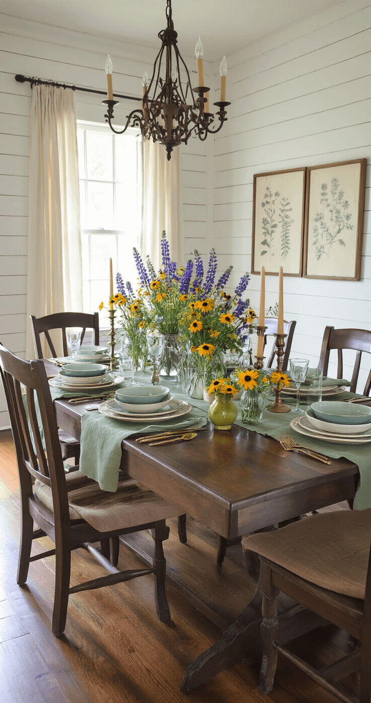 Elegant dining room at twilight featuring a wildflower-inspired table setting with a farmhouse table adorned with lupines, black-eyed susans, and cornflowers in glass vases. Sage green linen runners complement ceramic plates in cream and soft blue, while vintage brass candlesticks add warmth. White shiplap walls with botanical prints and wide-plank hardwood floors enhance the cozy atmosphere. A wrought iron chandelier casts gentle shadows, illuminated by golden hour light filtering through sheer curtains.