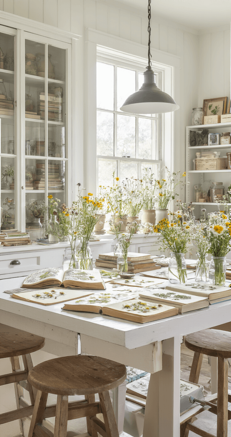 Bright craft room filled with natural light, featuring a large work table cluttered with flower pressing supplies, vintage books, and drying specimens. Glass-front cabinets showcase pressed flowers and botanical art supplies, while fresh wildflower cuttings in water glasses await processing. The neutral color palette includes whites and soft grays, accented by natural flower colors, complemented by vintage stools and industrial pendant lighting.