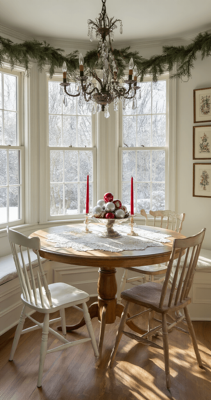 Vintage Christmas Decor: Nostalgic Magic for Your Holiday Home A cozy dining nook with a round oak table set for breakfast, surrounded by mismatched white chairs. The table features a vintage lace tablecloth, a centerpiece of Shiny Brite ornaments in a tarnished silver bowl, and tall red taper candles. A bay window overlooks a snow-dusted garden, with early morning light creating a warm ambiance. Wrought iron chandelier and a gallery of vintage Christmas cards enhance the inviting atmosphere.
