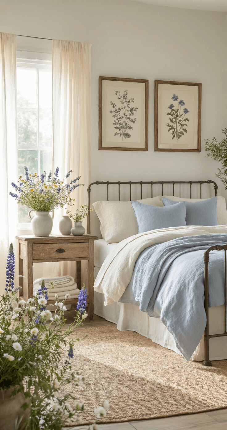 A serene bedroom sanctuary bathed in soft morning light, featuring cream and dusty blue linen bedding, fresh wildflower arrangements on reclaimed wood nightstands, and pressed botanical art above the iron bed frame, all complemented by wide-plank floors and a natural fiber rug.