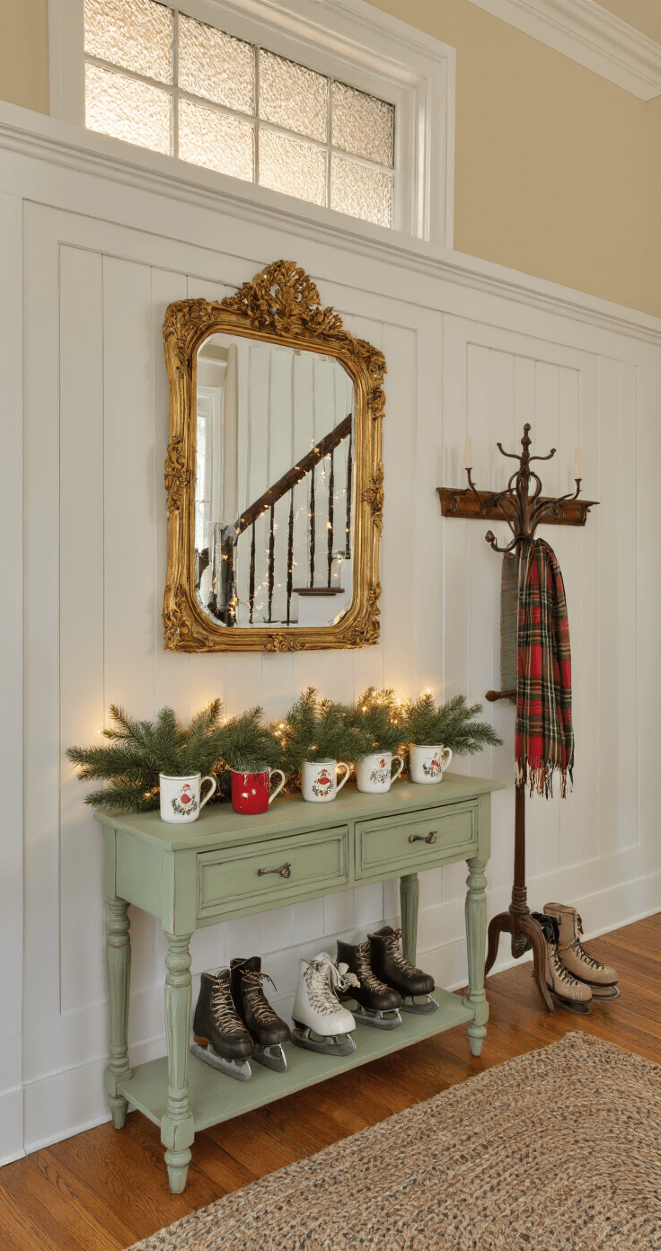 Vintage Christmas Decor: Nostalgic Magic for Your Holiday Home A welcoming entryway with high ceilings and wainscoting, featuring a sage green console table adorned with vintage Santa mugs, an ornate gilded mirror, and a coat rack with ice skates and a plaid scarf, illuminated by golden hour light through a frosted glass transom window.