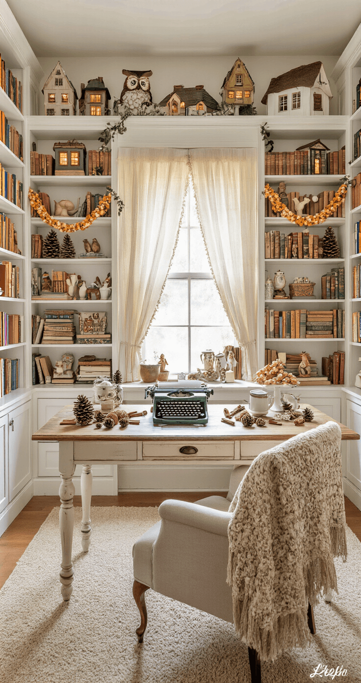 Vintage Christmas Decor: Nostalgic Magic for Your Holiday Home A whimsical home office with floor-to-ceiling bookshelves filled with books, vintage figurines, and decorative garlands, featuring a repurposed farmhouse desk with a vintage typewriter and natural elements. Soft afternoon light filters through sheer curtains, illuminating a cozy armchair draped with a chenille throw and a captivating miniature village of illuminated Putz houses atop the shelves.