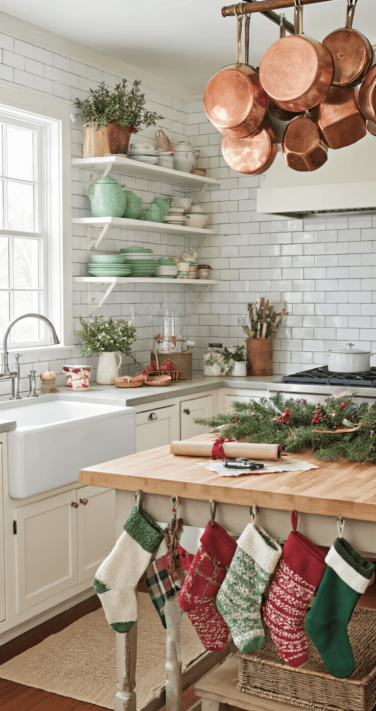 Vintage Christmas Decor: Nostalgic Magic for Your Holiday Home A festive kitchen with a butcher block island serving as a gift-wrapping station, surrounded by vintage decorations, open shelving with jadeite dishes, and holiday stockings, bathed in bright, natural light.