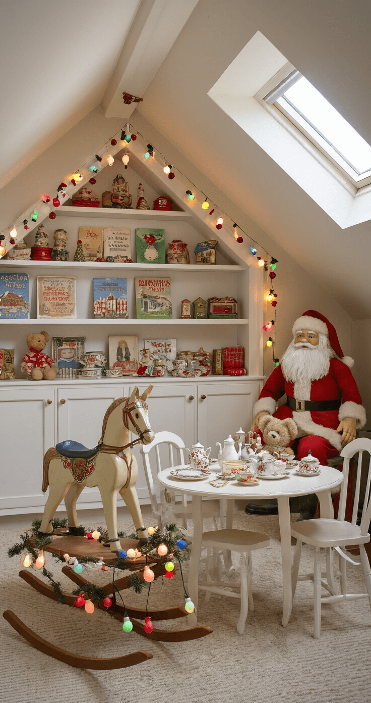 Vintage Christmas Decor: Nostalgic Magic for Your Holiday Home A cozy children's playroom under the eaves of an attic, featuring a vintage rocking horse, a bookshelf with Christmas stories and tin toys, a teddy bear tea party, and warm lighting that creates a dreamy atmosphere.