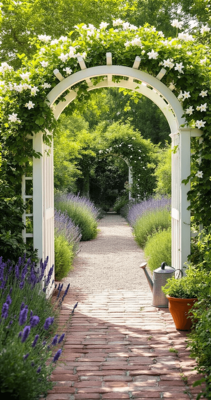 Sprawling cottage garden with a white vinyl arbor gate draped in jasmine, leading to a gravel courtyard surrounded by lavender and clematis, featuring vintage watering cans and pots under bright midday light.