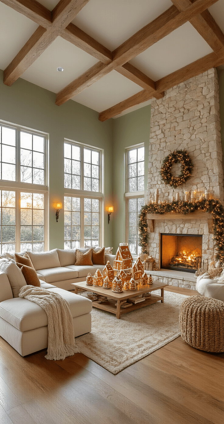 Photorealistic living room with vaulted ceilings and wooden beams, featuring a grand gingerbread Christmas display, a cream sectional sofa facing a stone fireplace, hardwood floors illuminated by golden hour lighting, and accents of warm amber from fairy lights and table lamps.