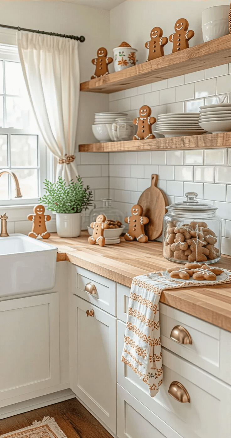 Intimate kitchen scene featuring white shaker cabinets and butcher block countertops, bathed in soft morning light, with gingerbread holiday decorations, clustered figurines on open shelves, and a vintage cookie jar filled with gingerbread cookies.